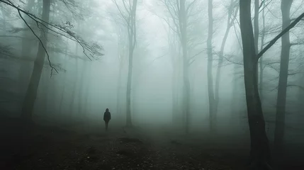 Poster Silhouette walking in a foggy forest © Aline