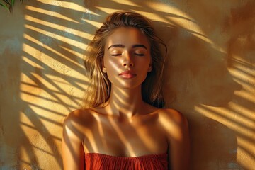A blonde with long hair stands against the wall, covering her eyes from the sun. SPF advertising