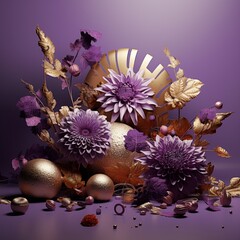 Obraz na płótnie Canvas 3d purple flowers and gold studio objects pictures blue background