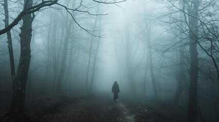 Silhouette walking in a foggy forest - obrazy, fototapety, plakaty