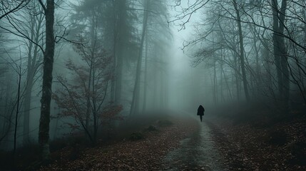 Silhouette walking in a foggy forest - obrazy, fototapety, plakaty