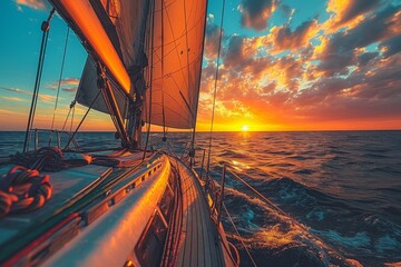A majestic sailboat glides gracefully through the glistening ocean waters, its mast reaching towards the colorful sky as the sun sets on a peaceful day of sailing