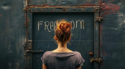 Woman in front of a wall with an iron door with the word "Freedom".