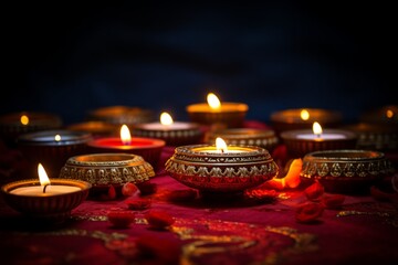 Diwali celebration candles lit in the dark room 