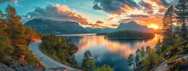 A tranquil road winds through a stunning landscape, surrounded by majestic mountains, reflecting the vibrant colors of the sunrise and sunset over the serene lake