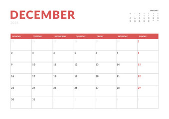 Monthly page Calendar Planner Templates of December 2024. Vector layout of simple calendar with week start Monday for print. Page for size A4 or 21x29.7 cm