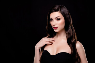 Naklejka premium Photo of gorgeous lady celebrity on vip event occasion touch flirt millionaire guy over dark background
