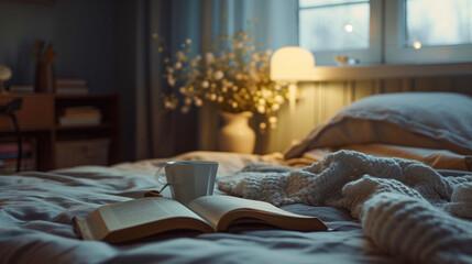 A softly illuminated and inviting bedroom features a coffee or tea cup alongside an open book resting on the bed. Generative AI