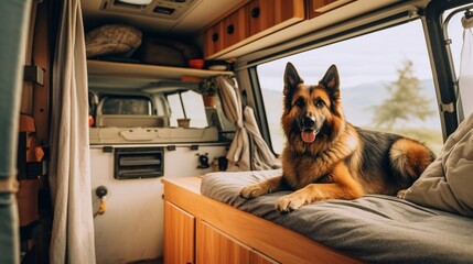 Couple with cute dog traveling together on vintage mini van transport. - obrazy, fototapety, plakaty