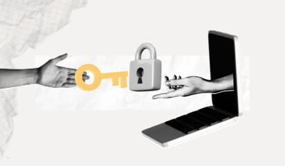 Trendy Halftone Collage Protect your personal data. Two Hands with key and laptop. Protecting computer from hacker attacks. Metaphor illustration. Digital security. Vector contemporary art © accogliente