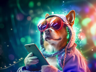 A fashionable dog wearing modern glasses and headphones, with a phone in his paws, showing the...