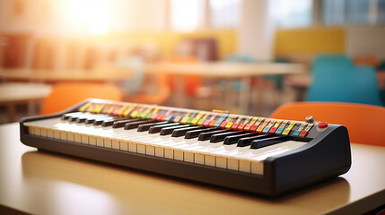 Melodica in the classroom a melodica sits on a school desk, the bustle of learning children - obrazy, fototapety, plakaty
