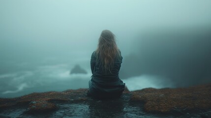 Lone girl sitting on seashore observing stormy foggy sea. Concept of loneliness and solitude. AI