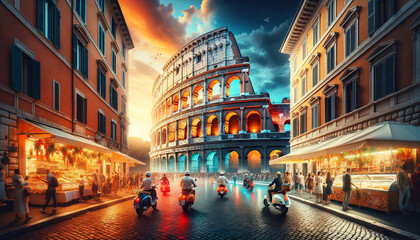 Busy evening scene with the Colosseum in Rome at sunset - obrazy, fototapety, plakaty