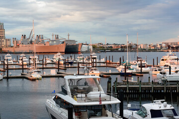 Sunrise over Baltimore showing harbor, ships and marina