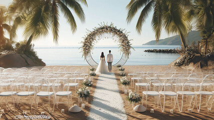 A beautiful young couple, the bride and groom in a long wedding dress, stand with their backs near the wedding arch on the shore of the azure sea on the beach. Palm trees grow nearby and a small islad