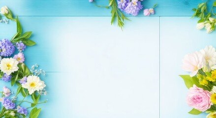 Spring background, flowers frame on  wooden table. Banner mockup for Womans or Mothers Day, Easter, spring holidays. Flat lay, above view, generative, AI.