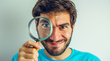 Man looking through a magnifying glass. - obrazy, fototapety, plakaty
