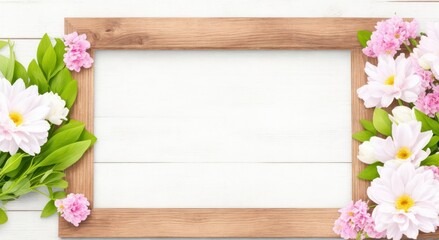 Naklejka na ściany i meble Spring background, flowers frame on wooden table. Banner mockup for Womans or Mothers Day, Easter, spring holidays. Flat lay, above view, generative, AI.