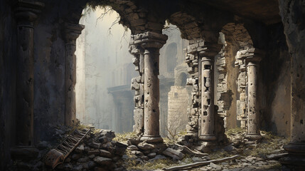 oboe among the ruins the crumbling pillars of an ancient ruin, an oboe stands sentinel