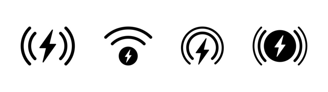 Wireless charger icons. Wireless charging battery. Battery charge sign with lightning and waves. Electromagnetic charger icons. Vector illustration.