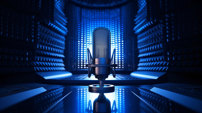 a sleek silver condenser microphone with a pop filter in a modern recording studio, 3D rendering.