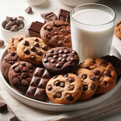 Chocolate chip cookies on a plate with and a glass of milk