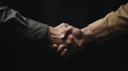 Handshake hand between men on a black background. AI generated.