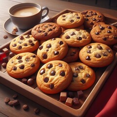 Chocolate chip cookies on a plate with and a cup of coffee