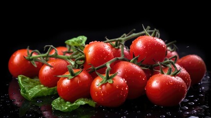 Tomatoes cherry on a black background. AI generated.