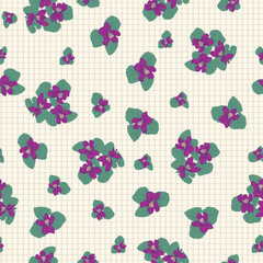 This Lattice Textured Creme Background is Scattered with Fuchsia Colored Wild Violets Framed with their Soft Green Leaves Creating a Vector Repeat Seamless Pattern Design.