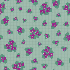 This Green Background Has a Textured Lattice under the Soft Green Leaves and Fuchsia Colored Violets Creating a Vector Repeat Seamless Pattern Design