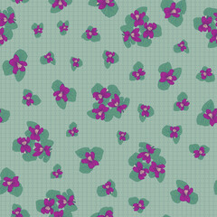 This Green Background Has a Textured Lattice under the Soft Green Leaves and Fuchsia Colored Violets Creating a Vector Repeat Seamless Pattern Design