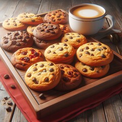 Chocolate chip cookies on a plate with and a cup of coffee