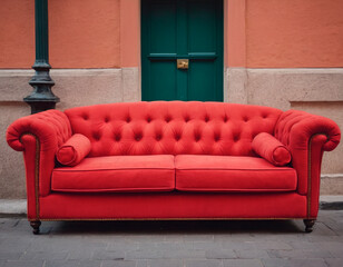 Red sofa in the street of the old town
