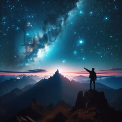 Fototapeta premium Silhouette of a person on the top of the mountain pointing to the stars.