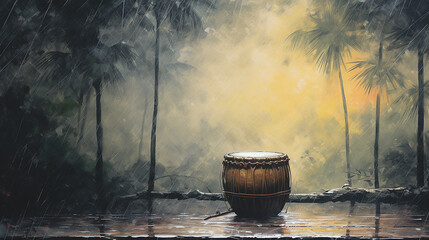 Tabla in the monsoon as the monsoon renews the earth, a tabla waits under a shelter - obrazy, fototapety, plakaty