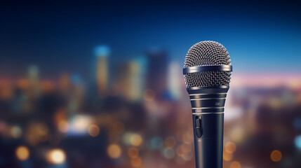A reporter handheld microphone against a backdrop of a blurred cityscape at night. 3D rendering