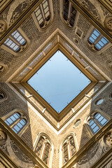 Florence, Italy - July 2023, 15: The courtyard of the Palazzo Medici Riccardi, designed by Michelozzo di Bartolomeo and built between 1444 and 1484