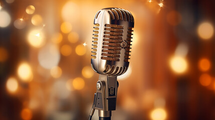 A studio microphone with a golden reflector in a professional photo shoot setting, 3D illustration