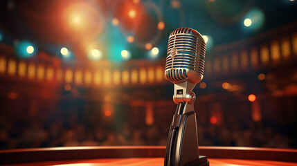 A vintage pill microphone on a TV talk show set, with camera equipment and stage. 3D rendering - obrazy, fototapety, plakaty