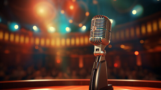 A vintage pill microphone on a TV talk show set, with camera equipment and stage. 3D rendering