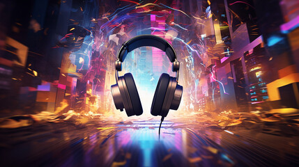 A wireless headset microphone in a virtual reality setup, withblurred backdrop, 3D illustration - obrazy, fototapety, plakaty