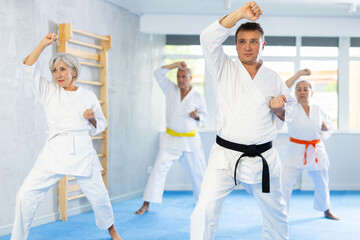 Diligent middle-aged man attendee of karate classes practicing kata standing in row with others in...