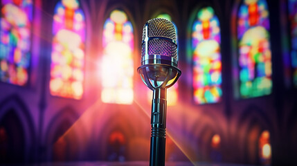 An omnidirectional microphone in a cathedral, with stained glass windows casting 3D illustration - obrazy, fototapety, plakaty
