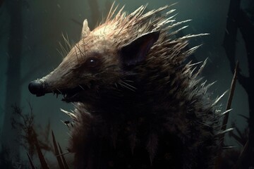 Terrifying creature with spiky coat stares menacingly. Subdued hues portray a ghastly nightmare. Generative AI