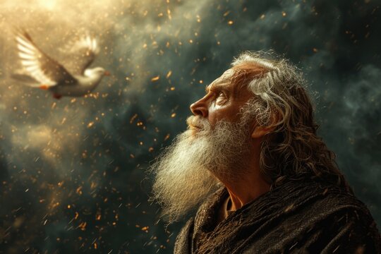 Poignant portrait biblical figure Noah stands hopeful anticipation, eyes fixed on horizon. Patiently waiting improved weather, he yearns for return of dove, embodying Christian faith and resilience