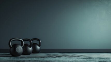 Black kettlebell weights on the floor of a contemporary gym, green walls, large space for copy text and overlays 