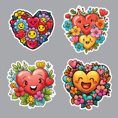 Cartoon heart and flowers stickers collection with smiley faces ilustration 