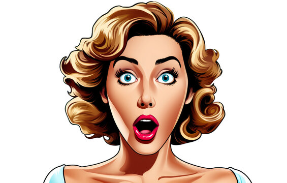 Surprised woman with open mouth isolated on transparent png background. Pop Art Style.